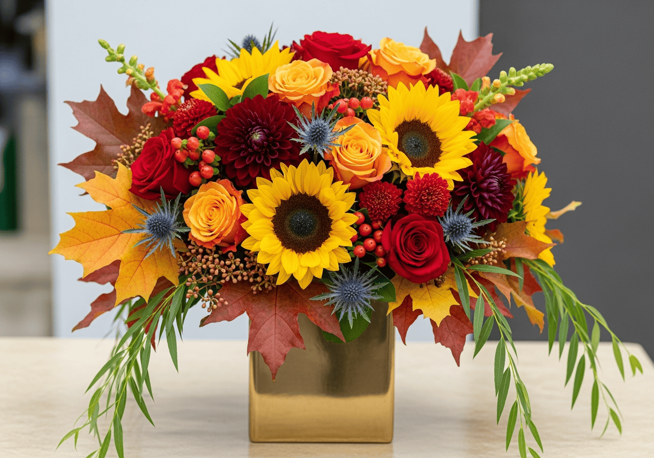 Vibrant autumn flower arrangement with sunflowers, roses, and fall foliage in a gold square vase