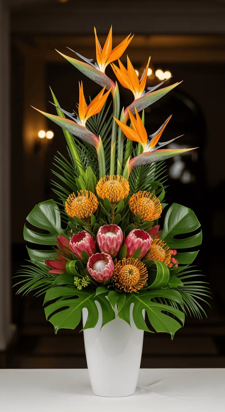 Luxurious tropical flower arrangement with orange birds of paradise, red and yellow proteas, symbolizing passionate love