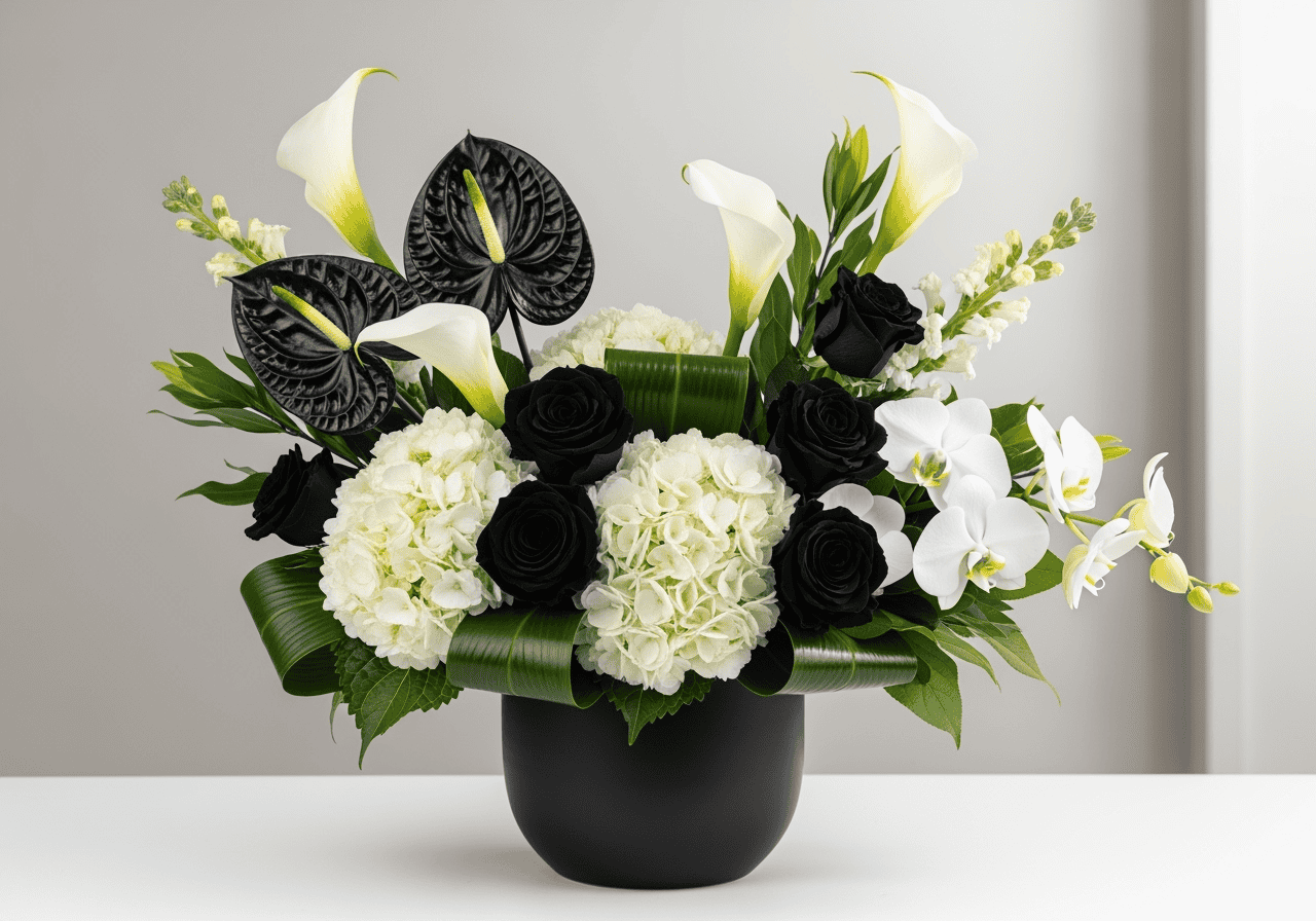 Black and white luxury flower arrangement with roses, hydrangeas, and calla lilies in a matte black vase, Las Vegas flower delivery