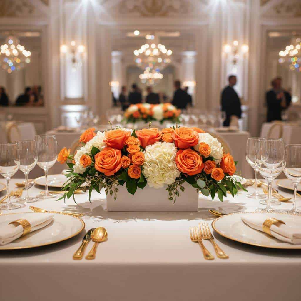 Luxurious floral centerpiece with orange roses, white hydrangeas, and lush greenery on an elegant banquet table at a wedding reception.