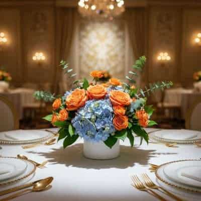 Lavender and orange floral centerpiece with roses and greenery on an elegant dining table in a luxurious room.