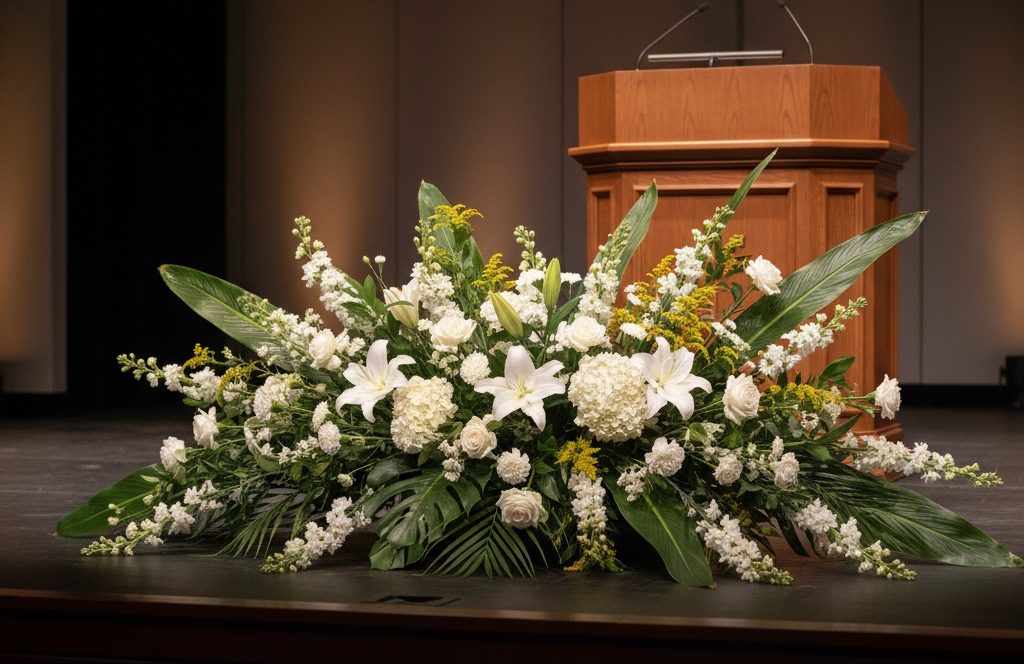 podium flowers las Vegas white flowers and greenery