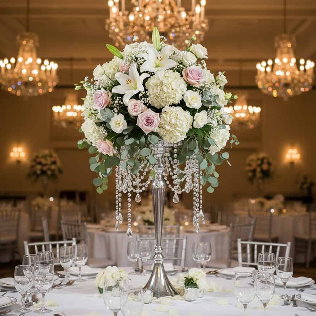 30 inch tall silver floral stand with hanging crystals featuring white hydrangeas blush pink roses white lilies and eucalyptus wedding centerpiece