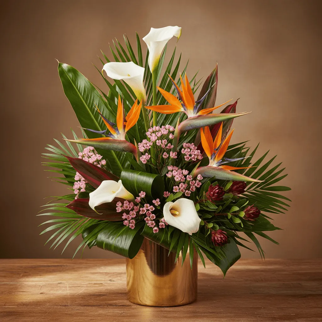 Safari Paradise Petite tropical flower arrangement with white calla lilies, birds of paradise, Safari Sunset and tropical leaves in a gold vase