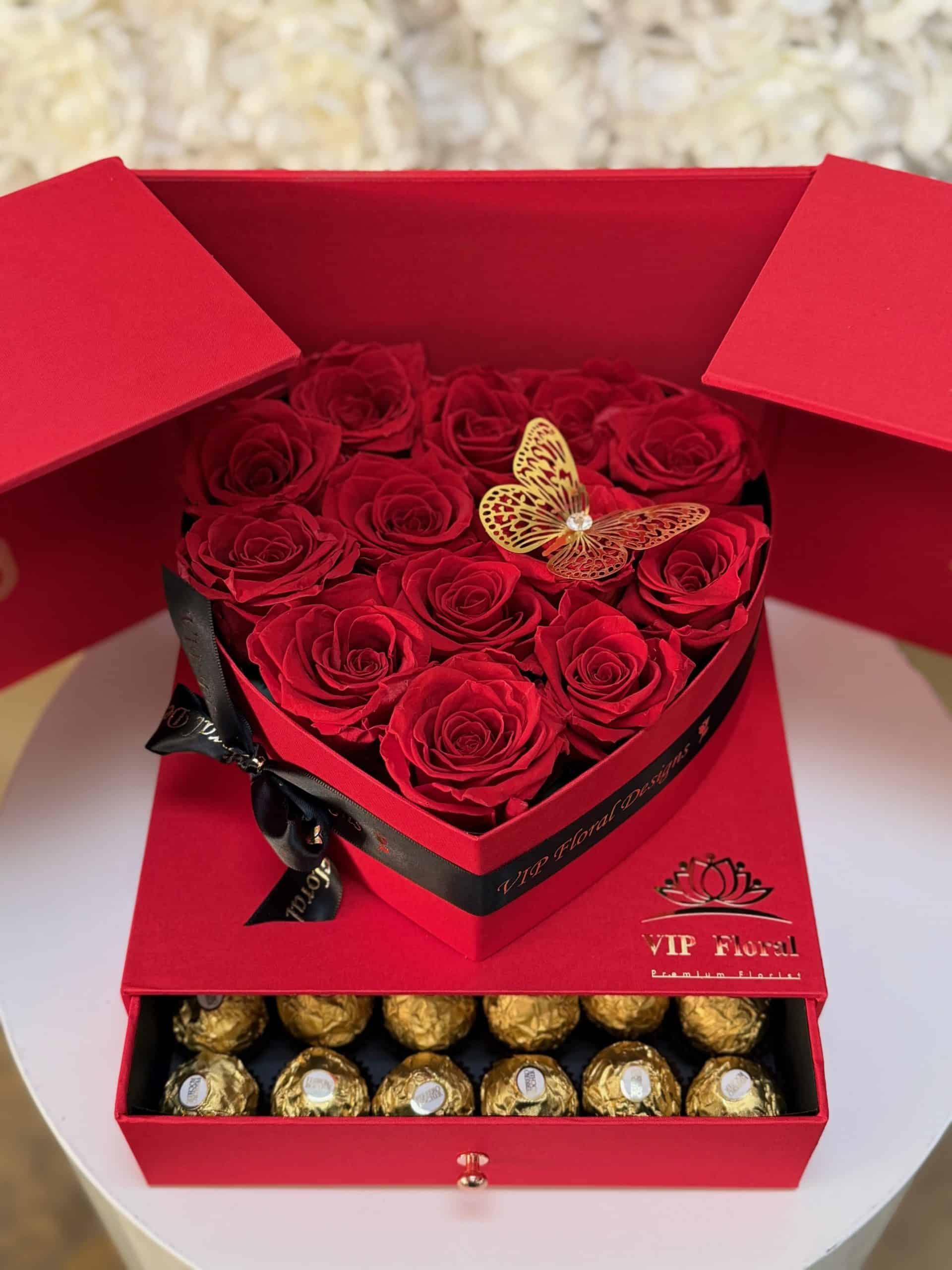 Luxurious heart-shaped box filled with vibrant red roses and a decorative butterfly, perfect for expressing love and admiration.