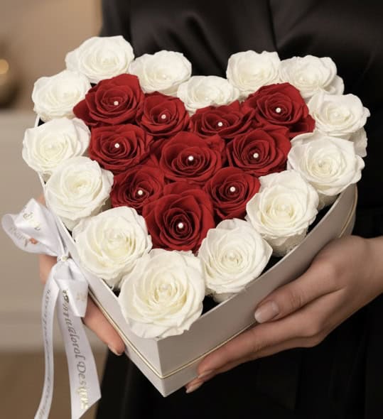 26 preserved red and white roses with pearl pins in a white heart box, Las Vegas florist and flower delivery