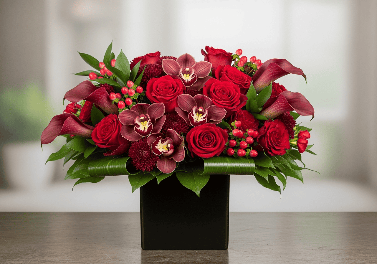 Red roses and burgundy orchids arrangement with calla lilies and berries in a black cube vase