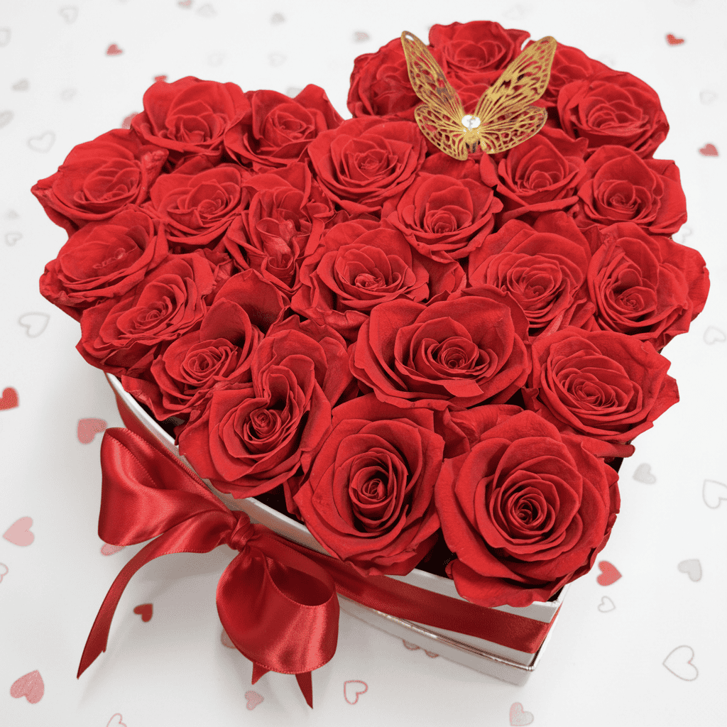 White heart box with 26 preserved red roses and gold butterfly LAS VEGAS FLORIST