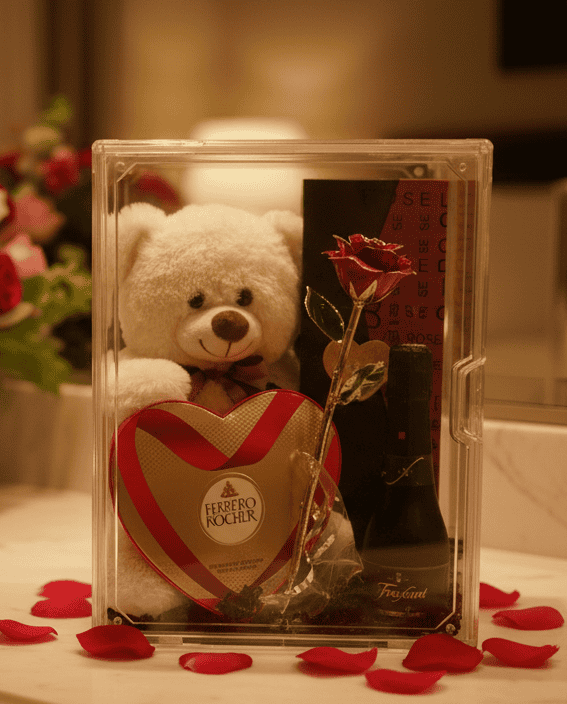 Clear acrylic gift box with 24K gold-dipped rose, teddy bear, Ferrero Rocher chocolates and mini champagne in Las Vegas