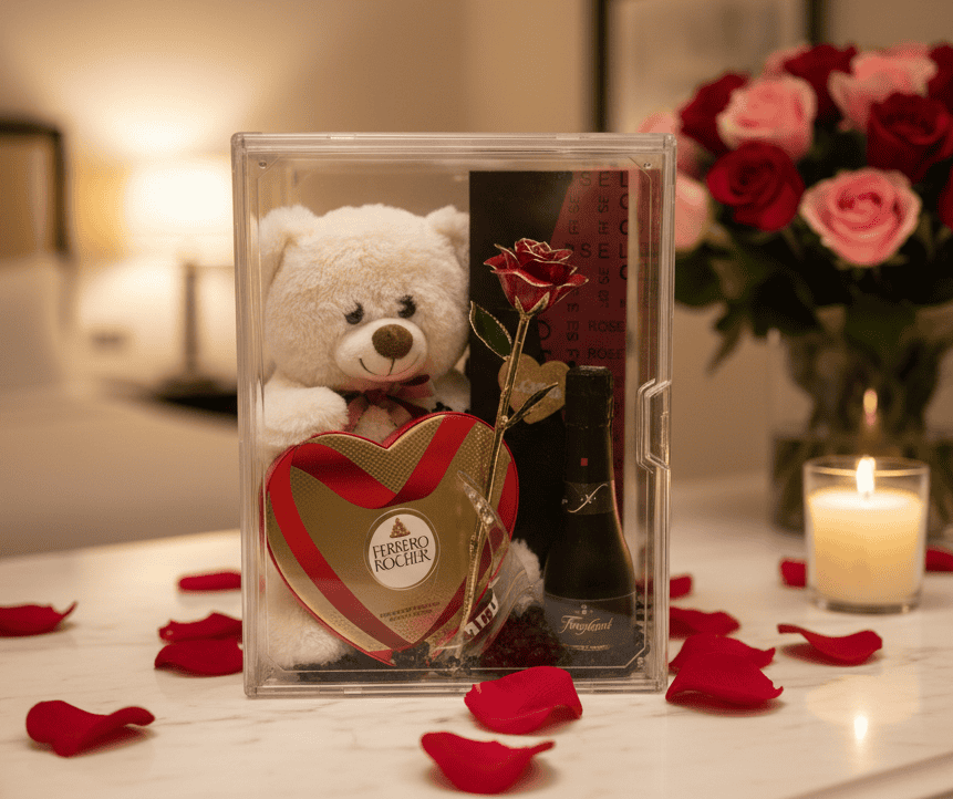 Elegant 24K gold-dipped rose with plush teddy bear in a clear display box, perfect for romantic occasions.