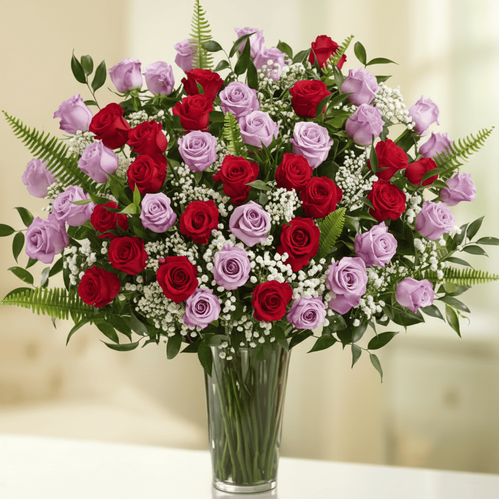 Purple and red roses arranged in a glass vase – Purple & Red Luxe luxury flower arrangement