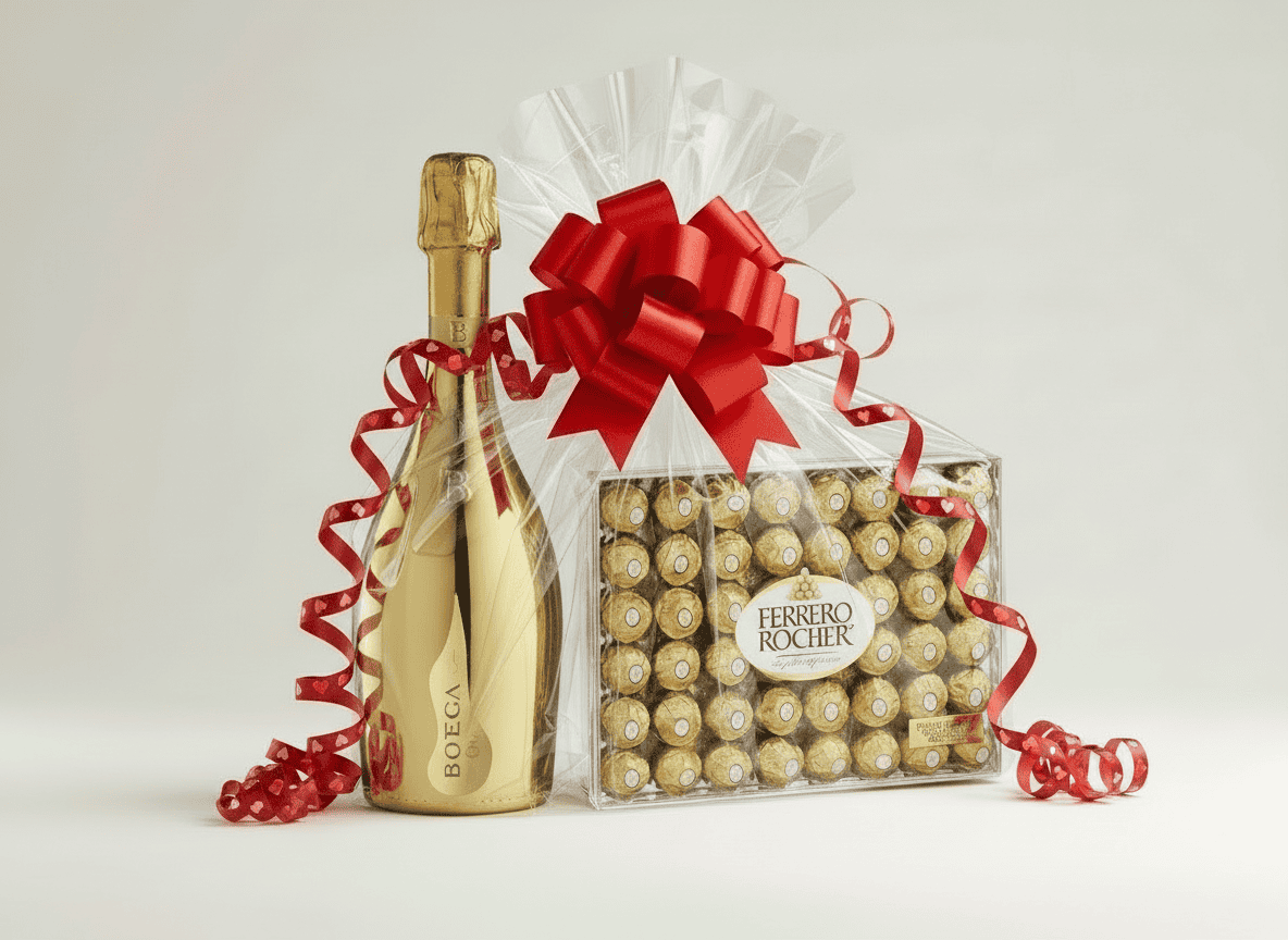 Bottega Gold champagne bottle and Ferrero Rocher chocolate box gift set wrapped in cellophane with red bow and heart ribbon