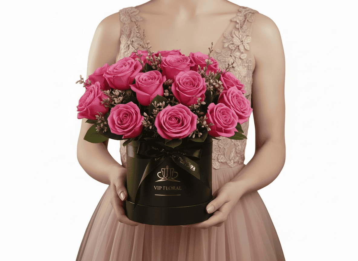 Hot pink rose luxury flower box arrangement in red hatbox