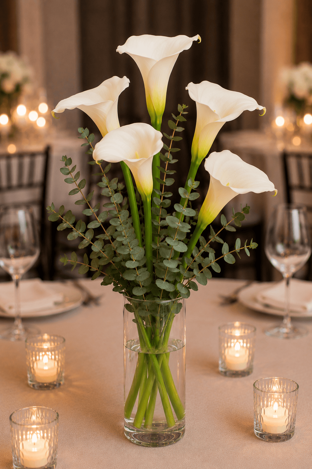 White calla lilies with eucalyptus centerpiece Las Vegas