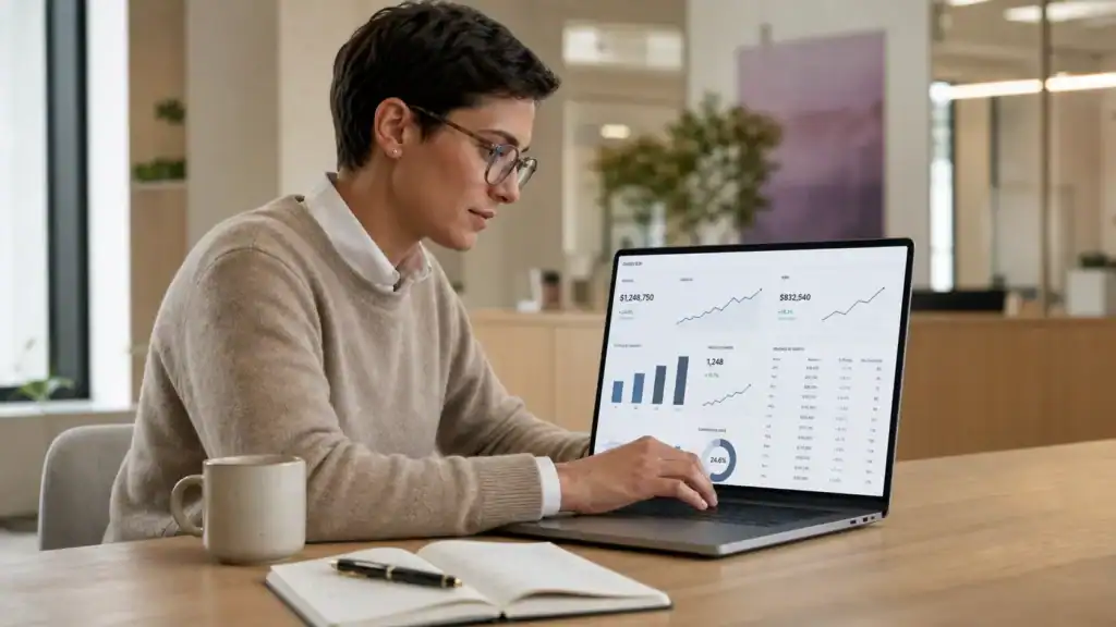 Professional applying AI strategy to business decisions, analysing dashboards and performance data on a laptop in a modern open-plan office.