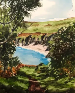 Watercolor landscape of coastline with trees and cliffs.