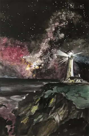 Lighthouse with starry night sky.