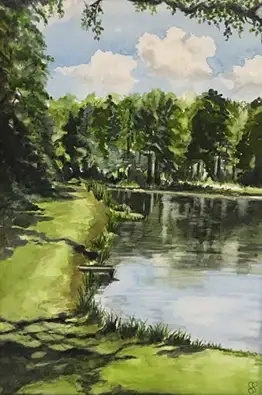 Scenic riverbank with trees and cloudy sky watercolor
