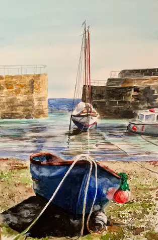 Sailboats docked in a tranquil harbor painting.