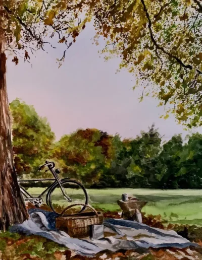 Picnic under tree with bicycle and basket