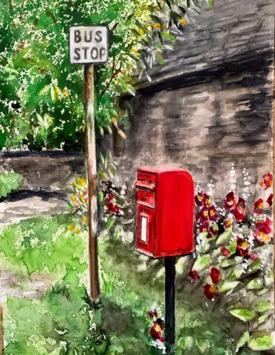 Watercolor painting of bus stop, mailbox, and flowers.