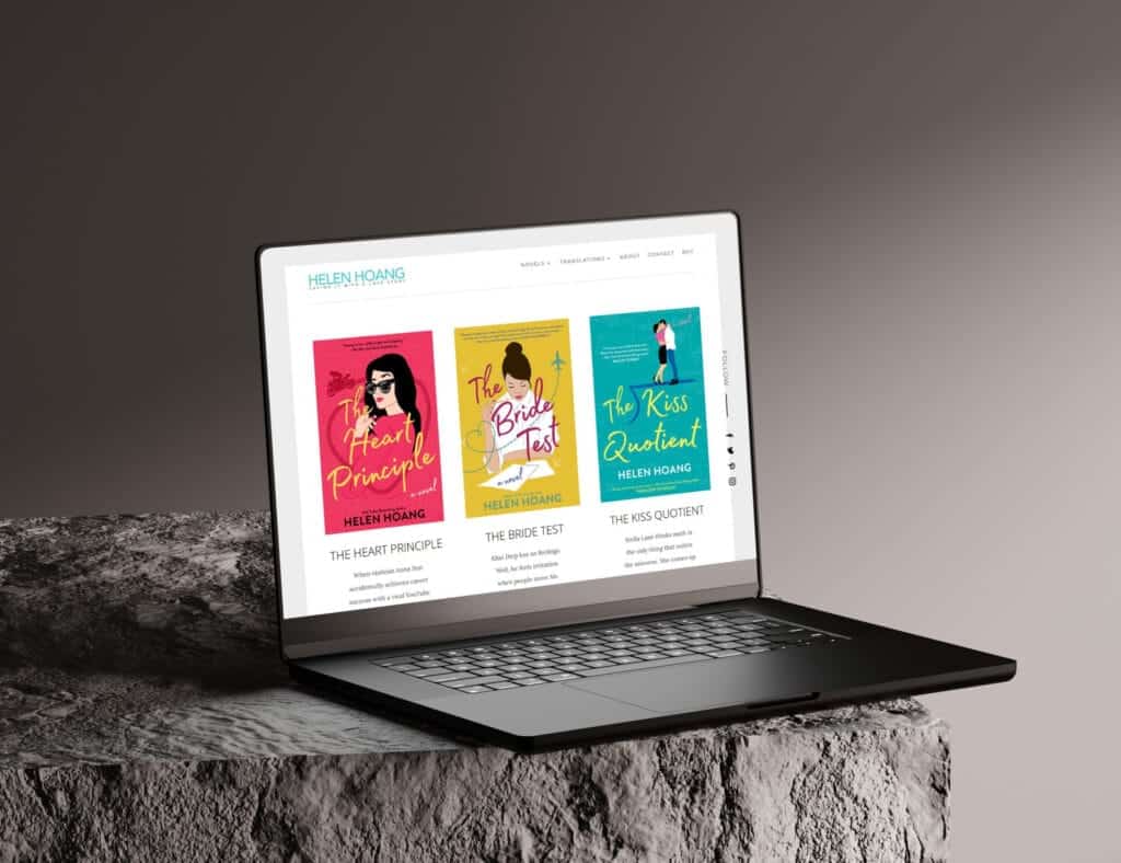 We Are Web Design Portfolio image showcasing the elegant, reader-friendly website design for bestselling author Helen Hoang on a laptop screen.