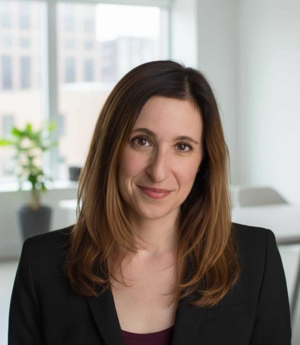 Professional woman with brown hair in a modern office setting.