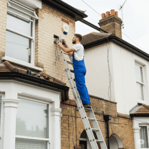 An engineer fitting a burglar alarm on the front of a terraced house