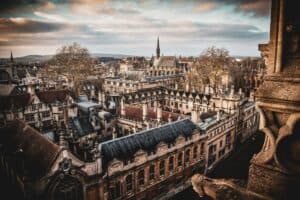 A photo of the view from the University Church of St Mary the Virgin, opposite the Radcliffe Camera in Oxford. Bird's eye view of the city of dreaming spires.