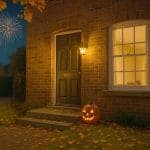 An image of a front door of a house with a pumpkin on the doorstep and fireworks in the background