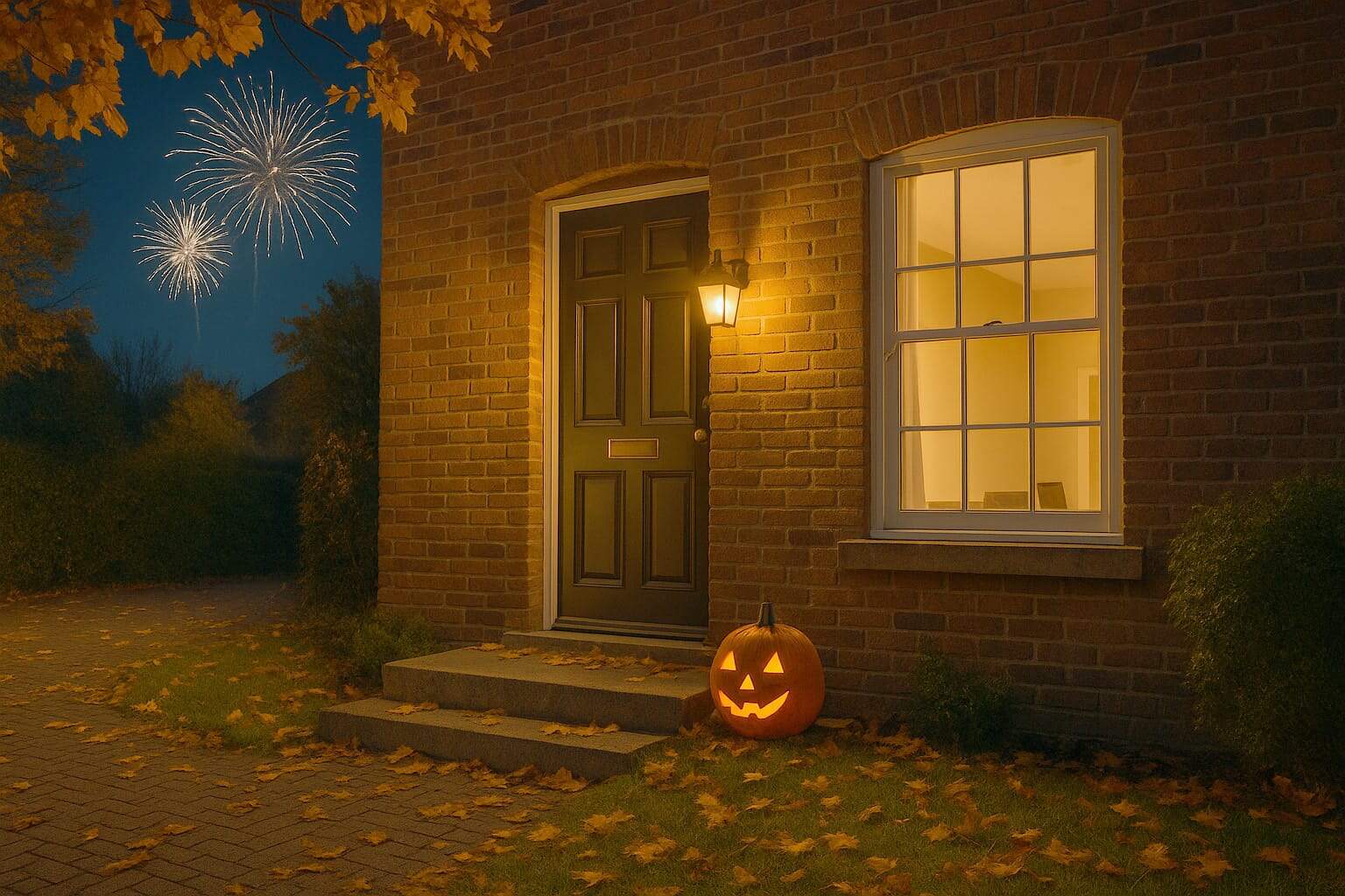 An image of a front door of a house with a pumpkin on the doorstep and fireworks in the background