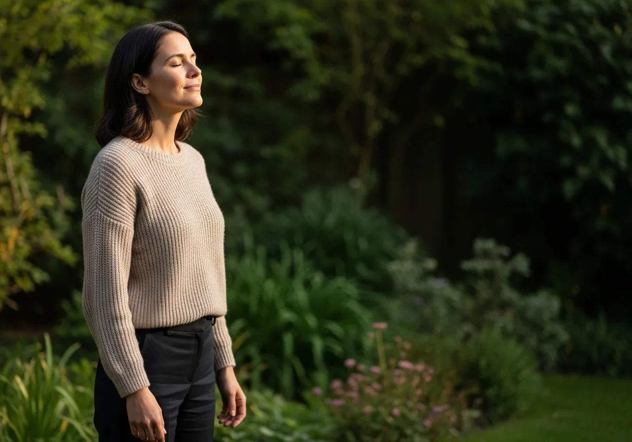 A person pausing outdoors and taking a calming breath