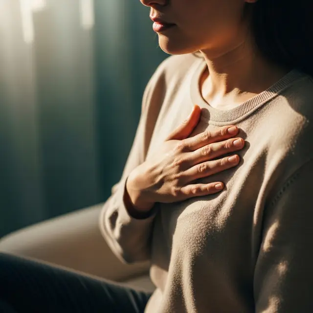 A person noticing bodily sensations with a hand on their chest