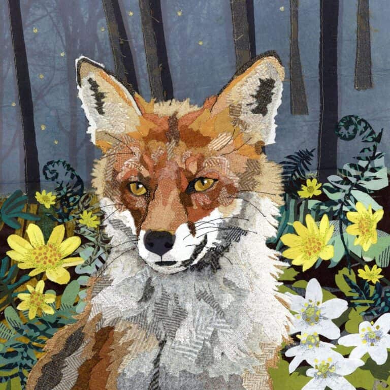 A lush forest scene featuring a detailed embroidered fox surrounded by vibrant yellow and white flow.