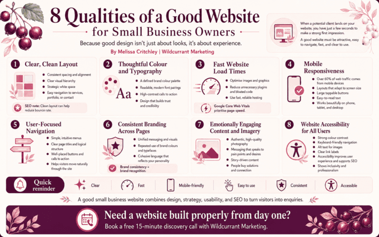Clear, Clean Layout, Thoughtful Colour and Typography, Fast Website Load Times, Mobile Responsivenes.
