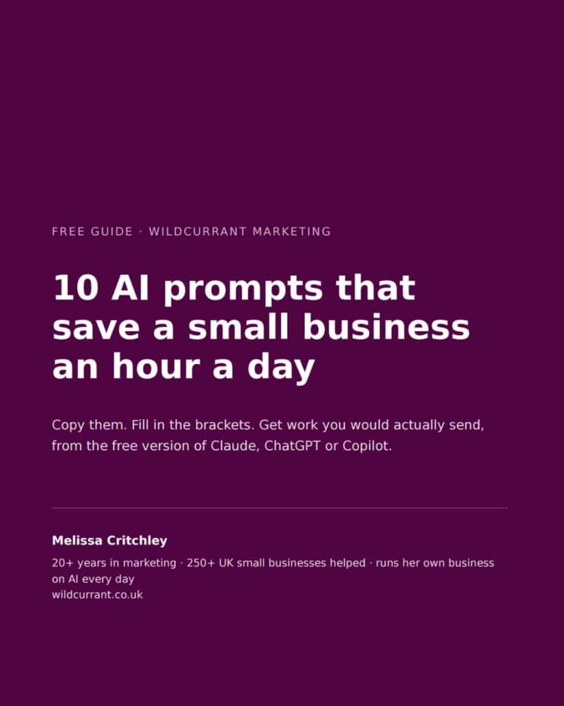 Cover image for Wildcurrant marketing guide on AI prompts for small businesses.