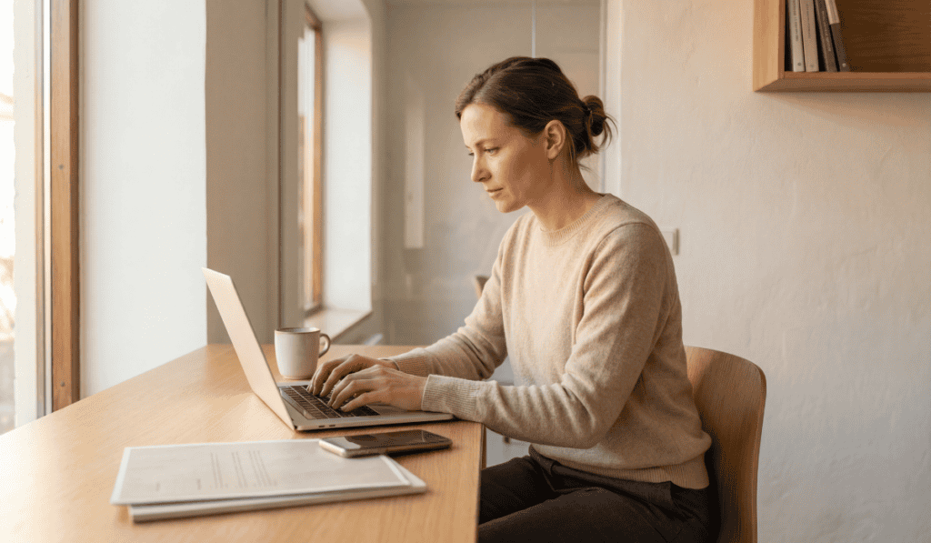 Woman working on laptop at home with a coffee mug and documents.