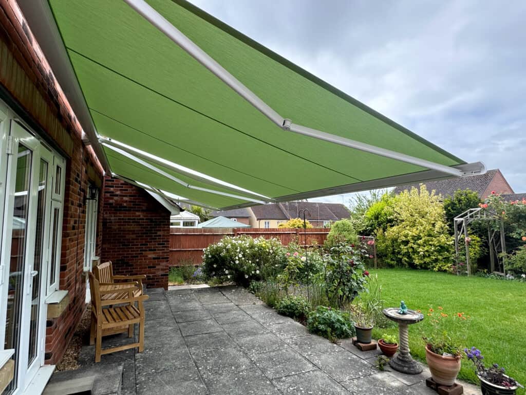 Weinor awning extended over a south-facing patio at a property in Andover