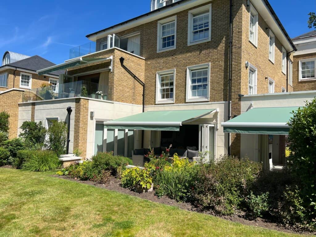 Motorised Weinor awning with remote control installed at a Hampshire home