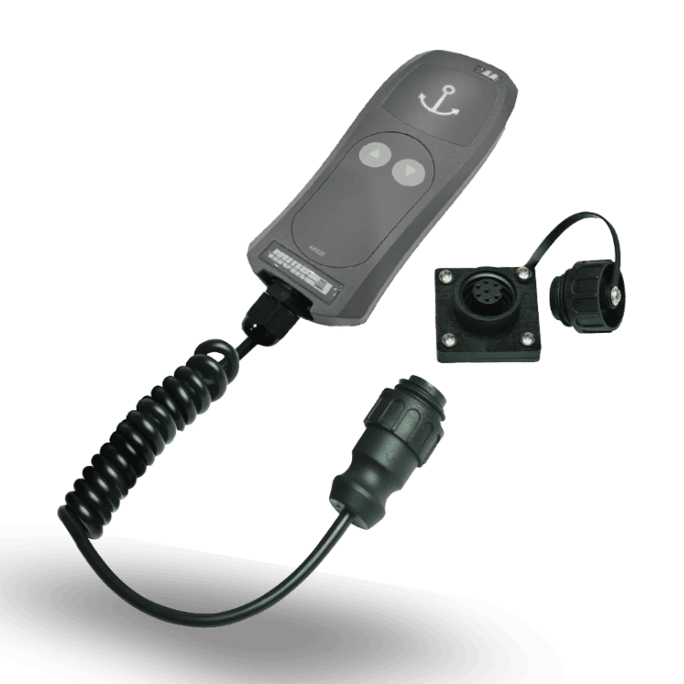 Marine windlass remote control with wireless transmitter and receiver.