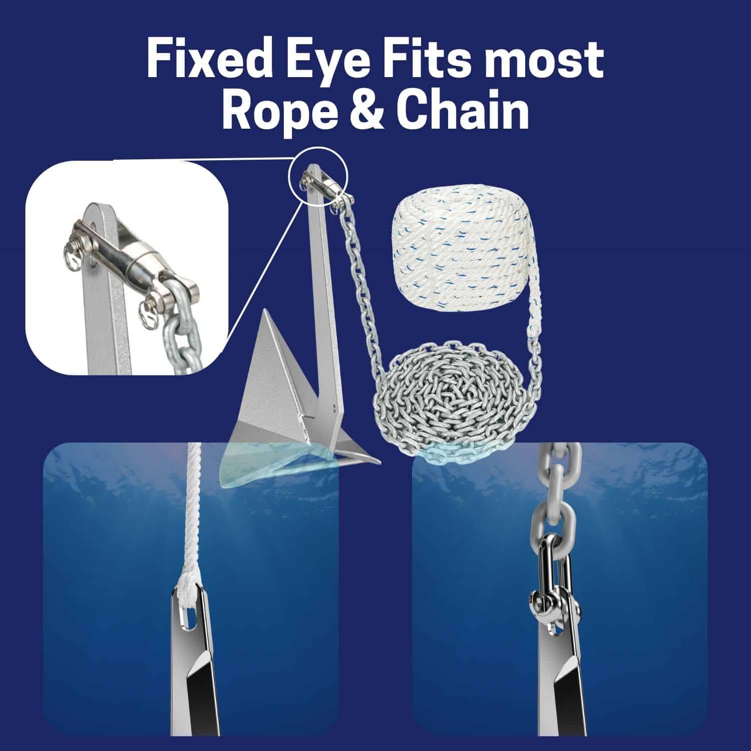 Fixed eye fitting for rope and chain with detailed close-up view.