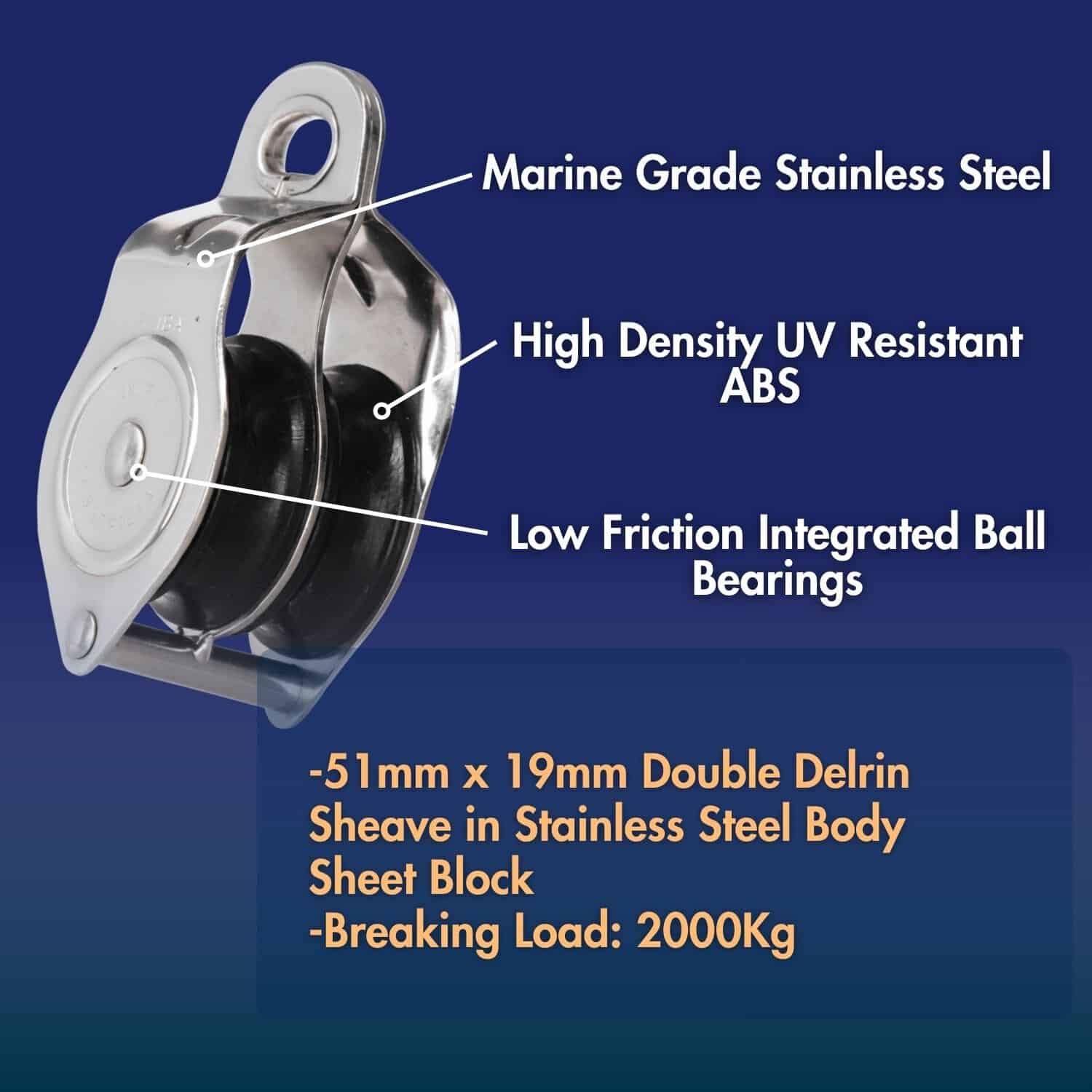 Riley 51mm double Delrin sheave with stainless steel body for marine use.