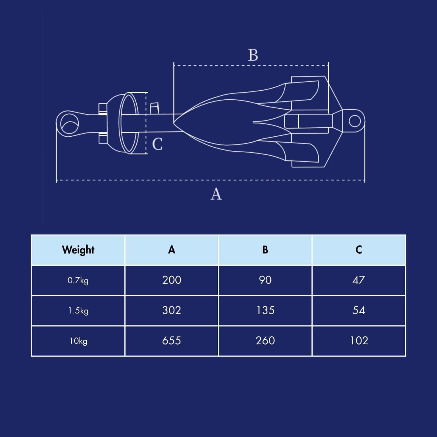 Technical drawing of a grapnel anchor with dimensions and weight options.