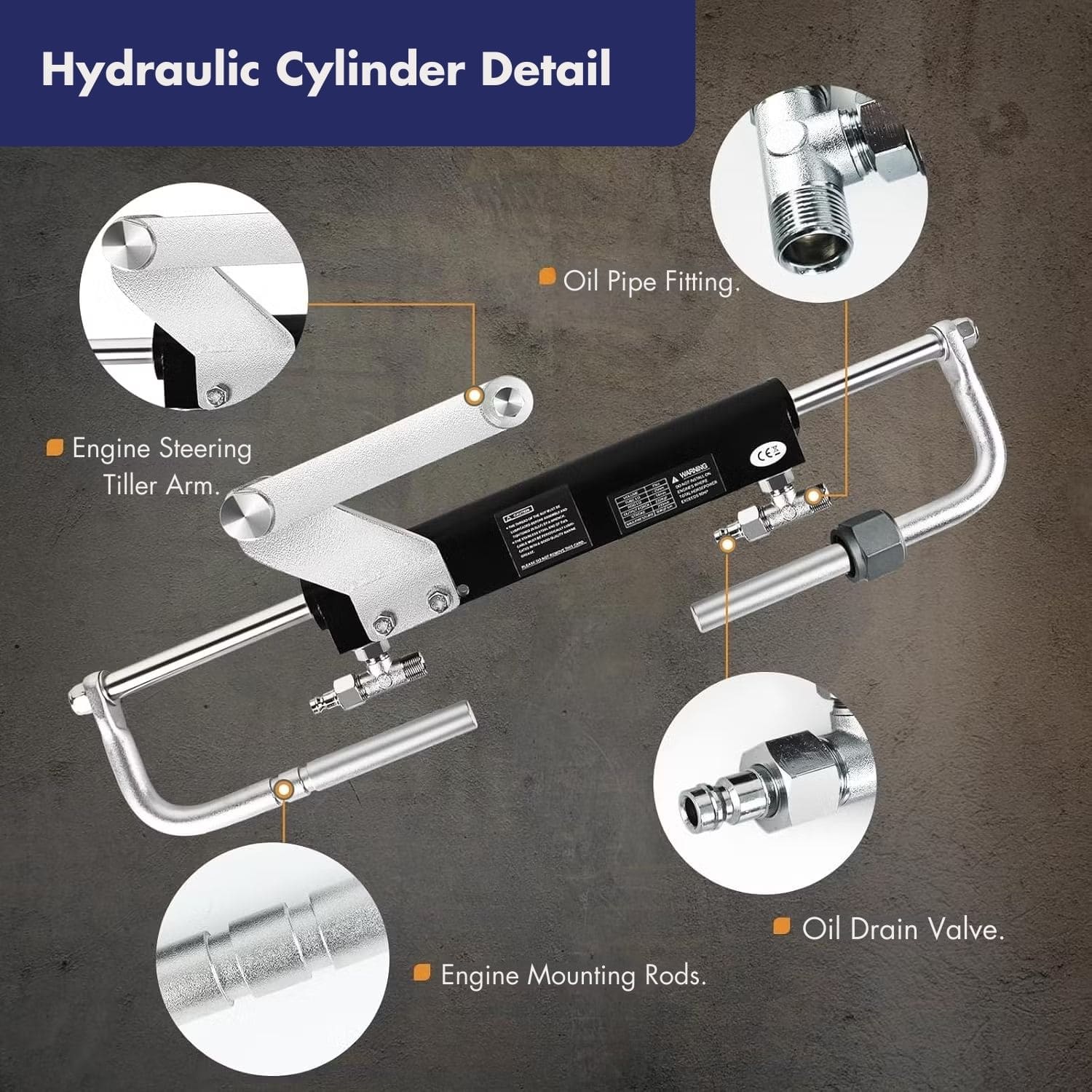 Hydraulic steering kit with oil fittings, drain valve, and engine mounting rods for outboard engines.