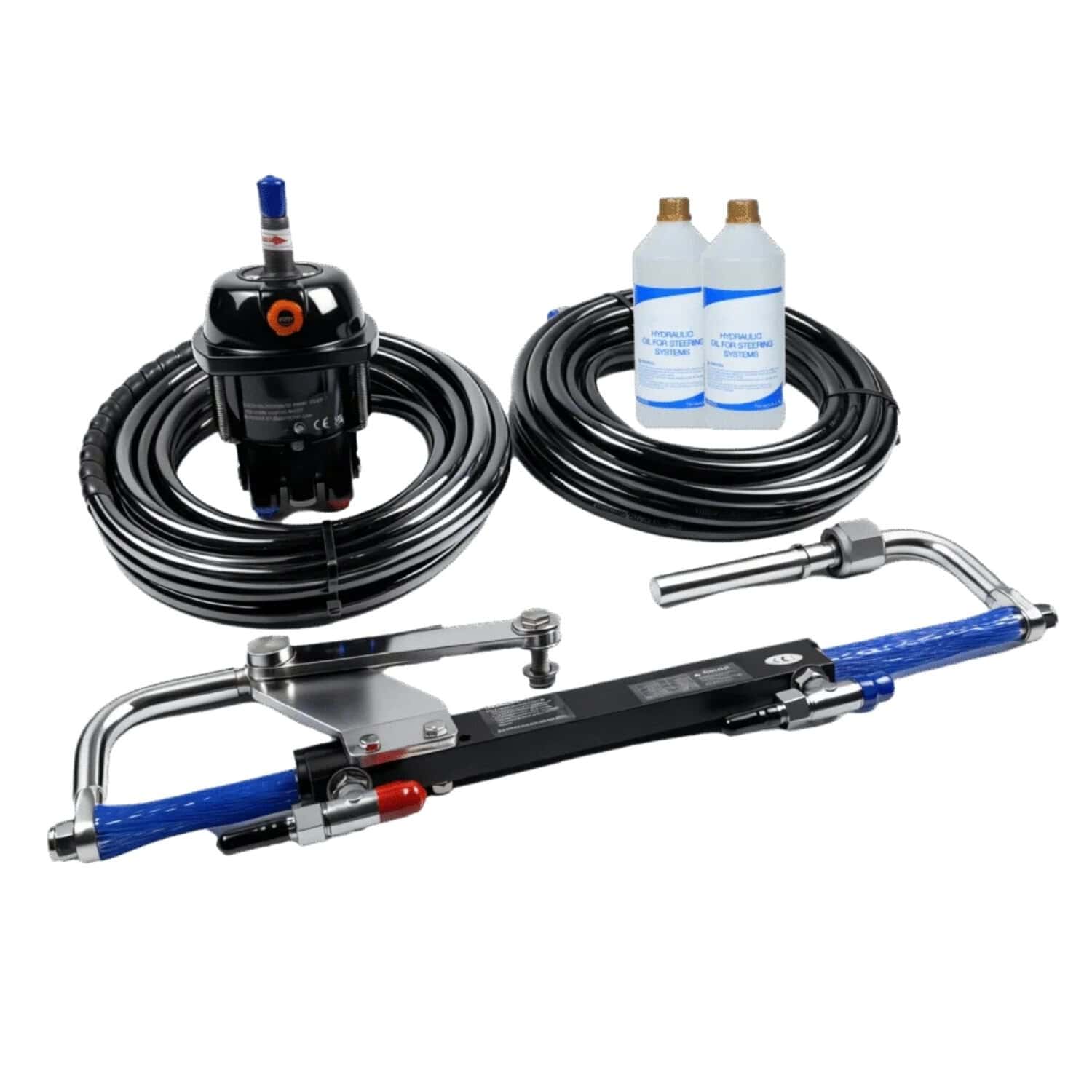Hydraulic steering system for 90HP outboard engines with hoses and fluid bottles included.