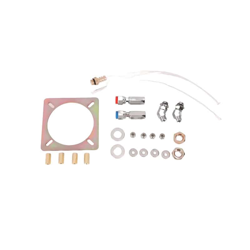 Hydraulic steering kit components for 90HP outboard engines, including fittings and hoses.