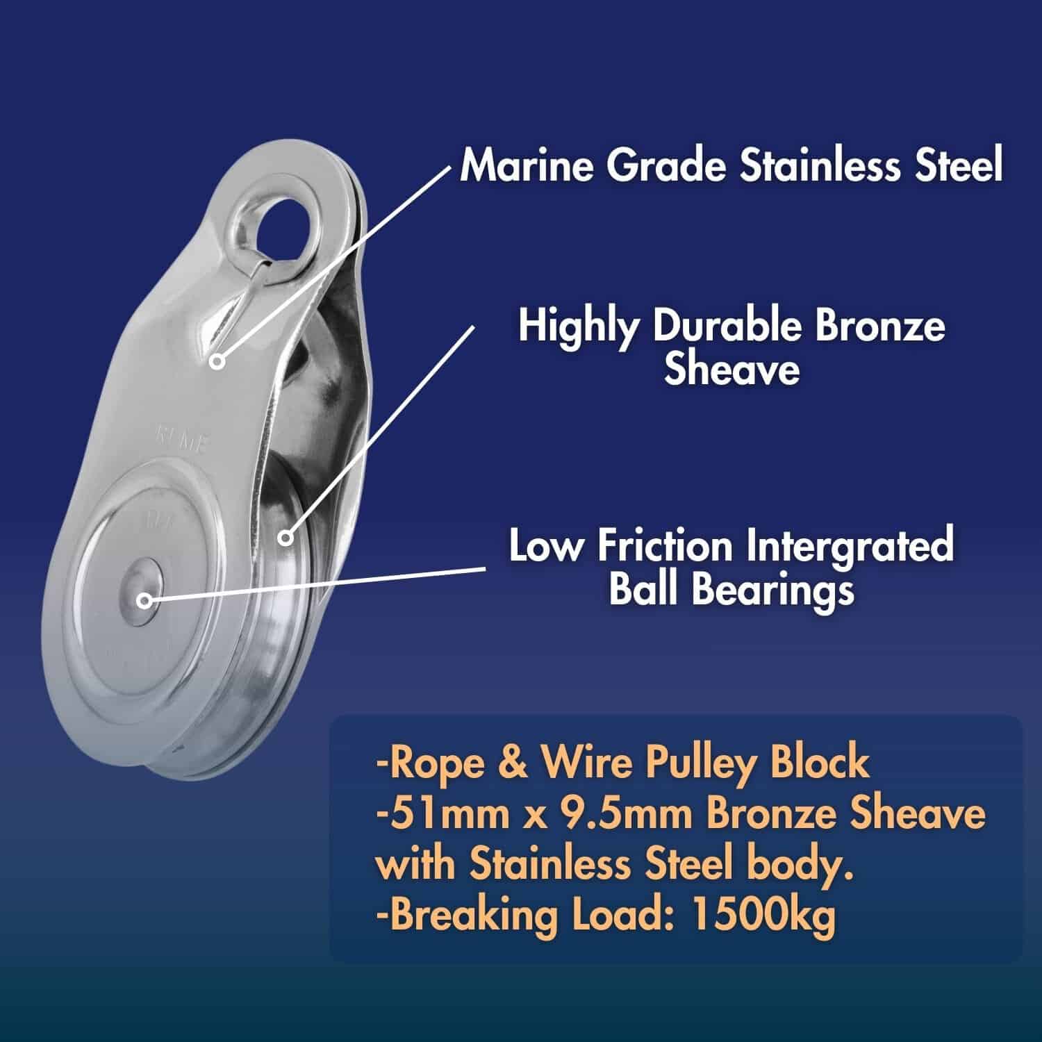 Riley 51mm bronze sheave with stainless steel body and low friction ball bearings.