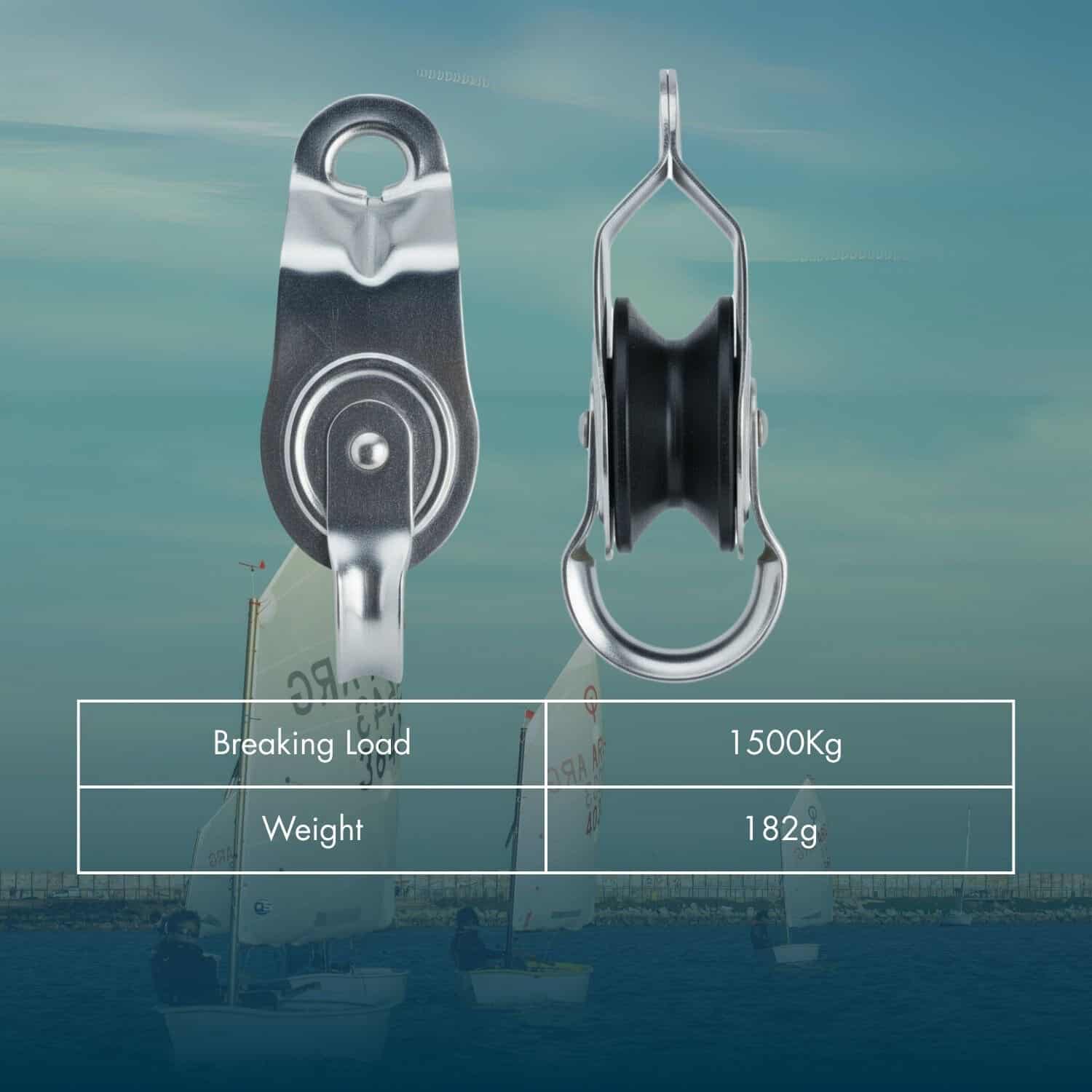 Bronze sheave with stainless steel body for marine winches and rigging.