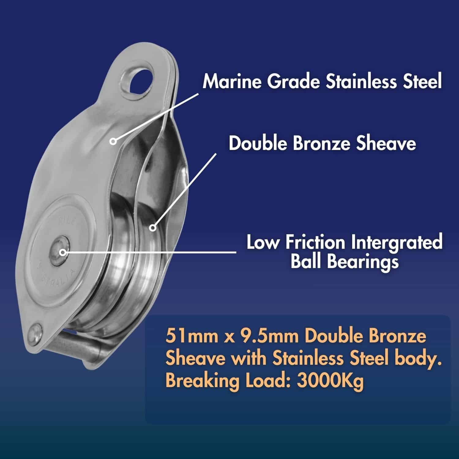 Riley 51mm double bronze sheave with stainless steel body and low friction ball bearings.