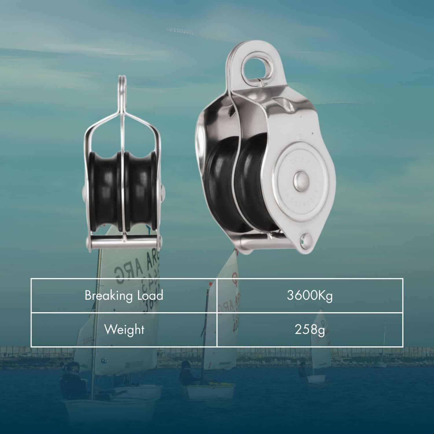 Riley 51mm double Delrin sheave with stainless steel components for sailing.